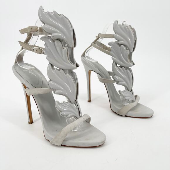 Giuseppe Zanotti 37.5 Gray Suede Coline Cruel Wing Flame Heel High Sandal Heels - Picture 1 of 13